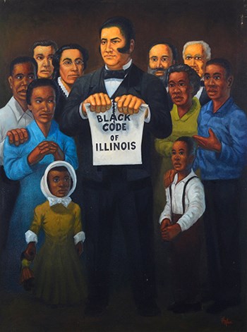 Oil painting of John Jones tearing a flier that says " Black Code of Illinois" with a group of people around him.