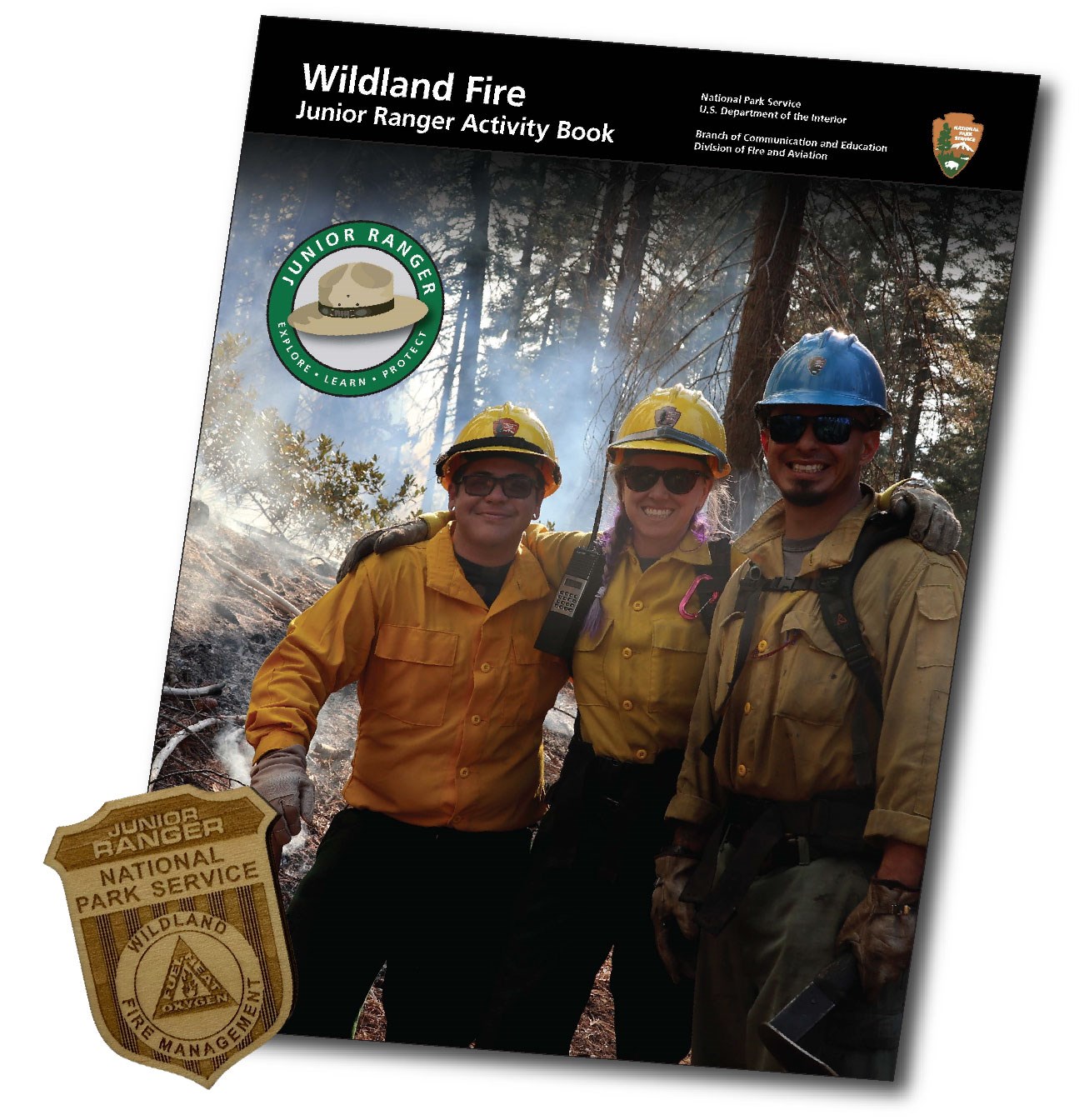 Cover of wildland fire junior ranger booklet with badge inset.