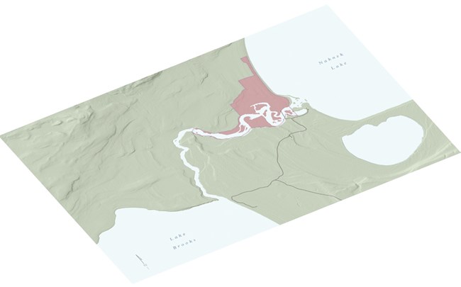 The Brooks Camp landscape is highlighted on an area map, located where a river meets a lake.