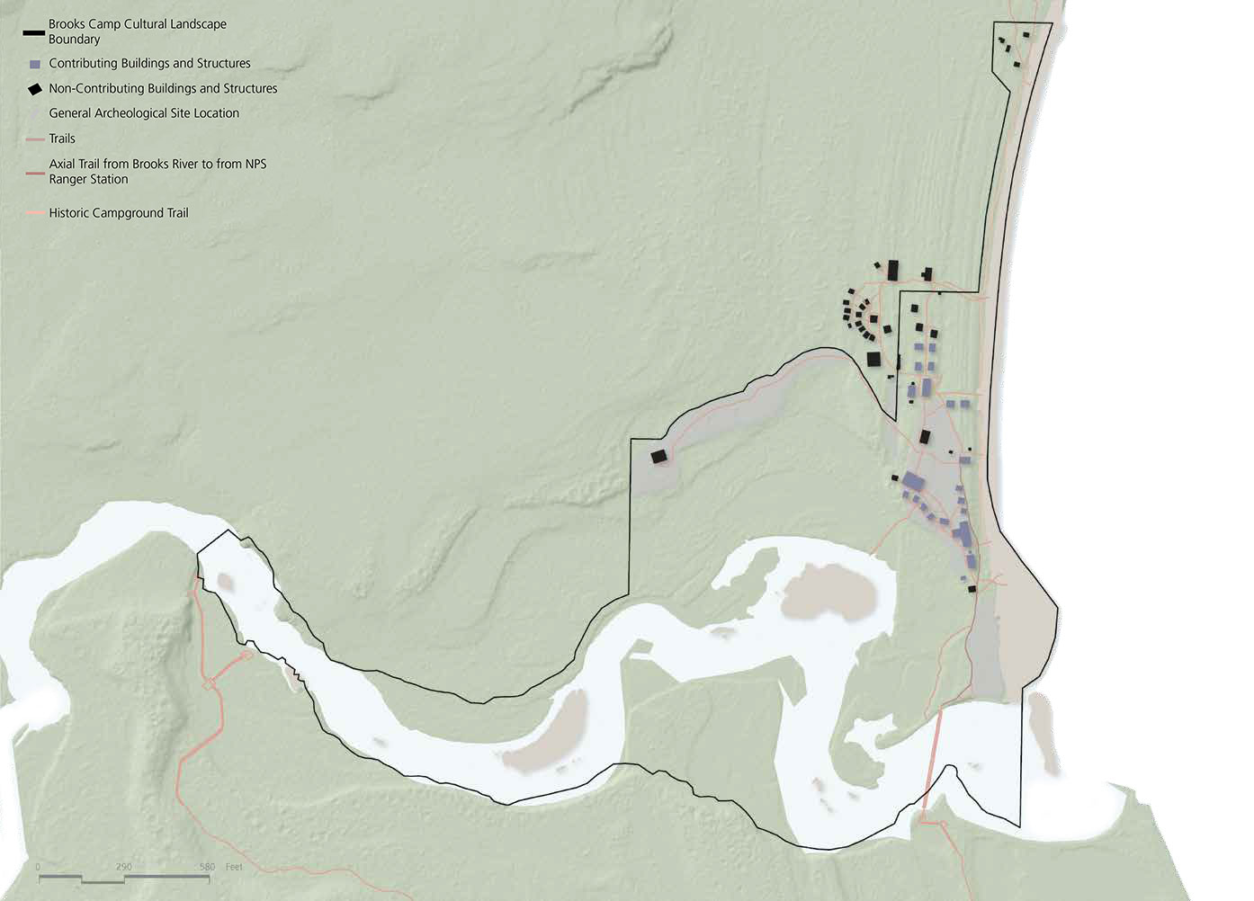 A map of the Brooks Camp Historic District identifies features that are contributing and non-contributing to the historic landscape.