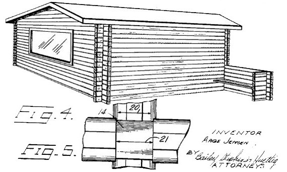A drawing with a figure of a one-story log structure and a figure of the detail of the wood size.