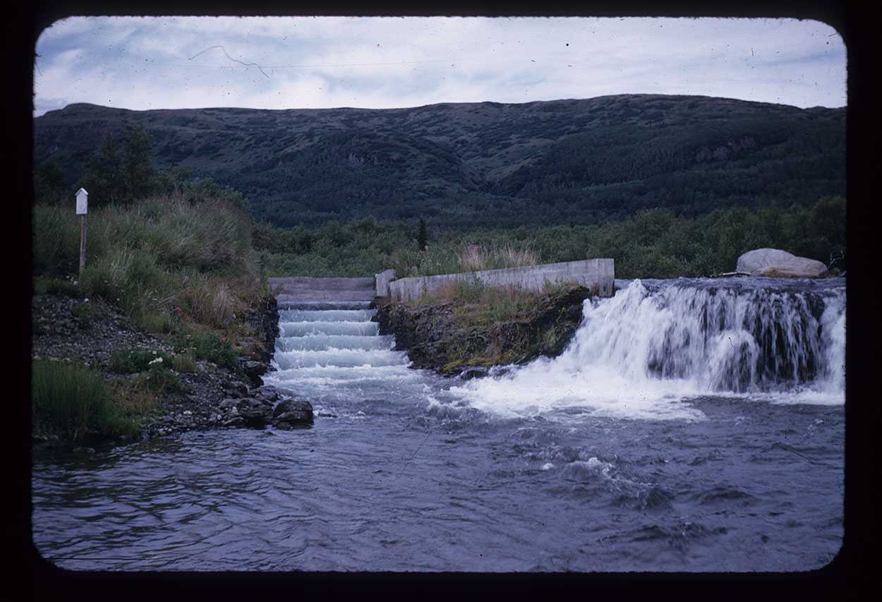River water flows over a staircase, to the left of a short waterfall.