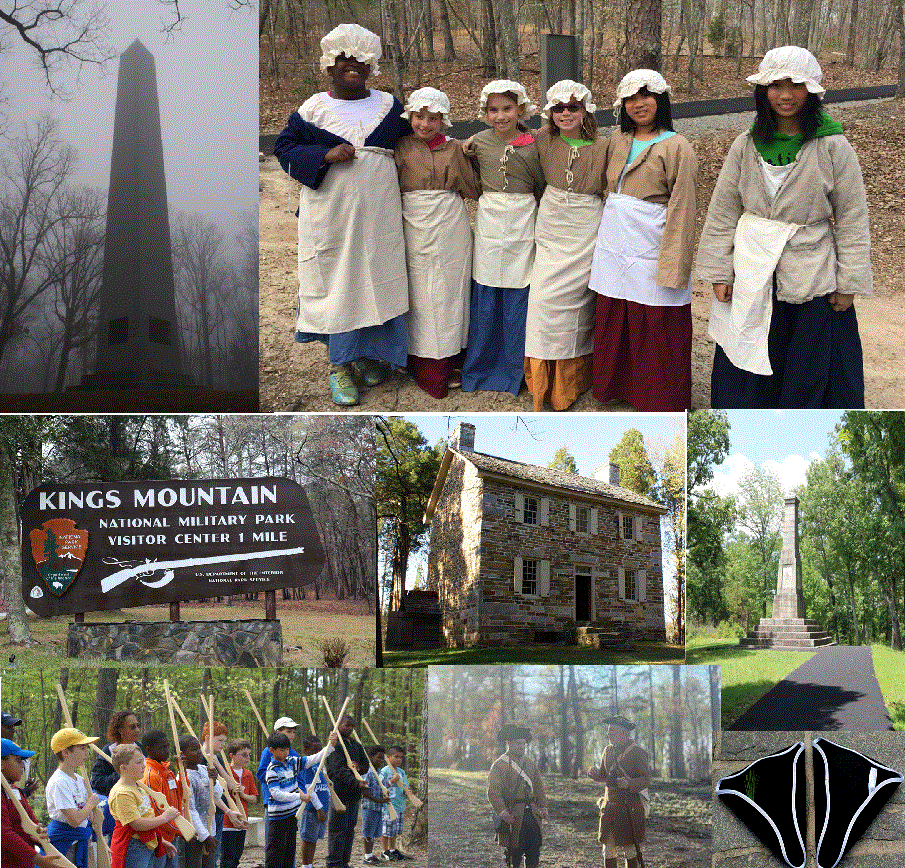 8 images are shown of Kings Mountain. Several kids are shown in 18th century clothing, 2 soldiers are shown with muskets and two monuments at the mountain are shown.