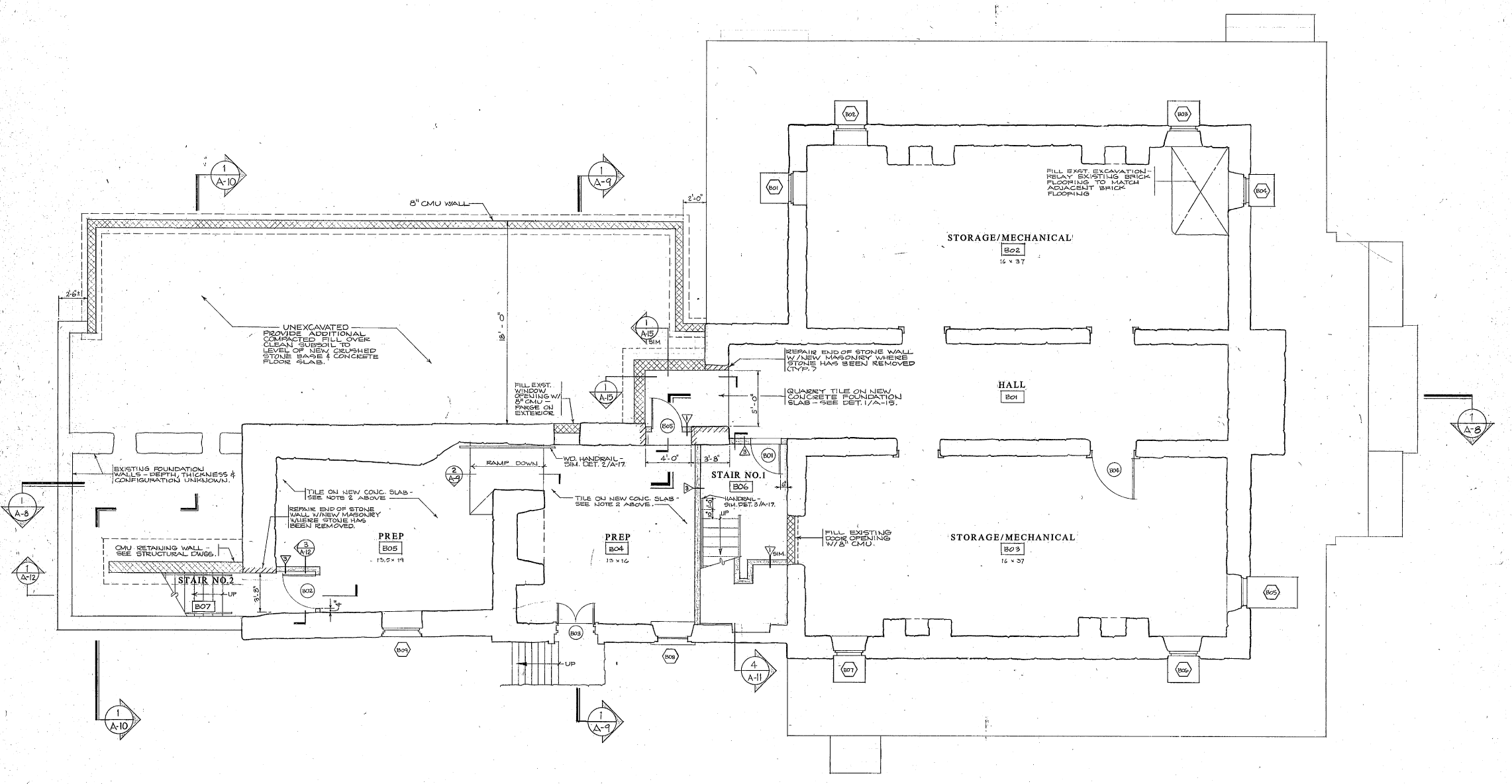 Architectural drawing of the basement level of the Kennedy Supplee Mansion. Stairwells, Prep rooms, Hallway, and Storage/Mechanical rooms.