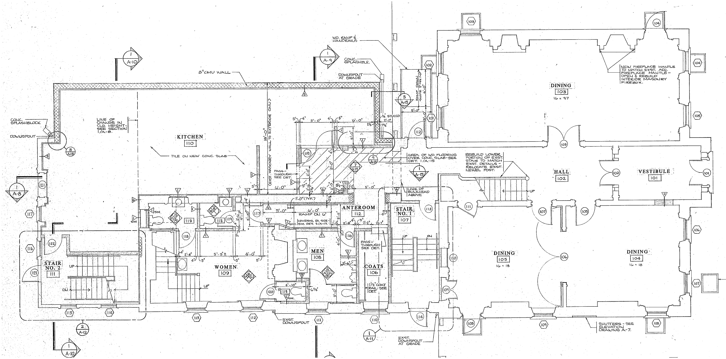 An architectural drawing of the first floor of the Kennedy Supplee Mansion showing a kitchen and dining rooms.
