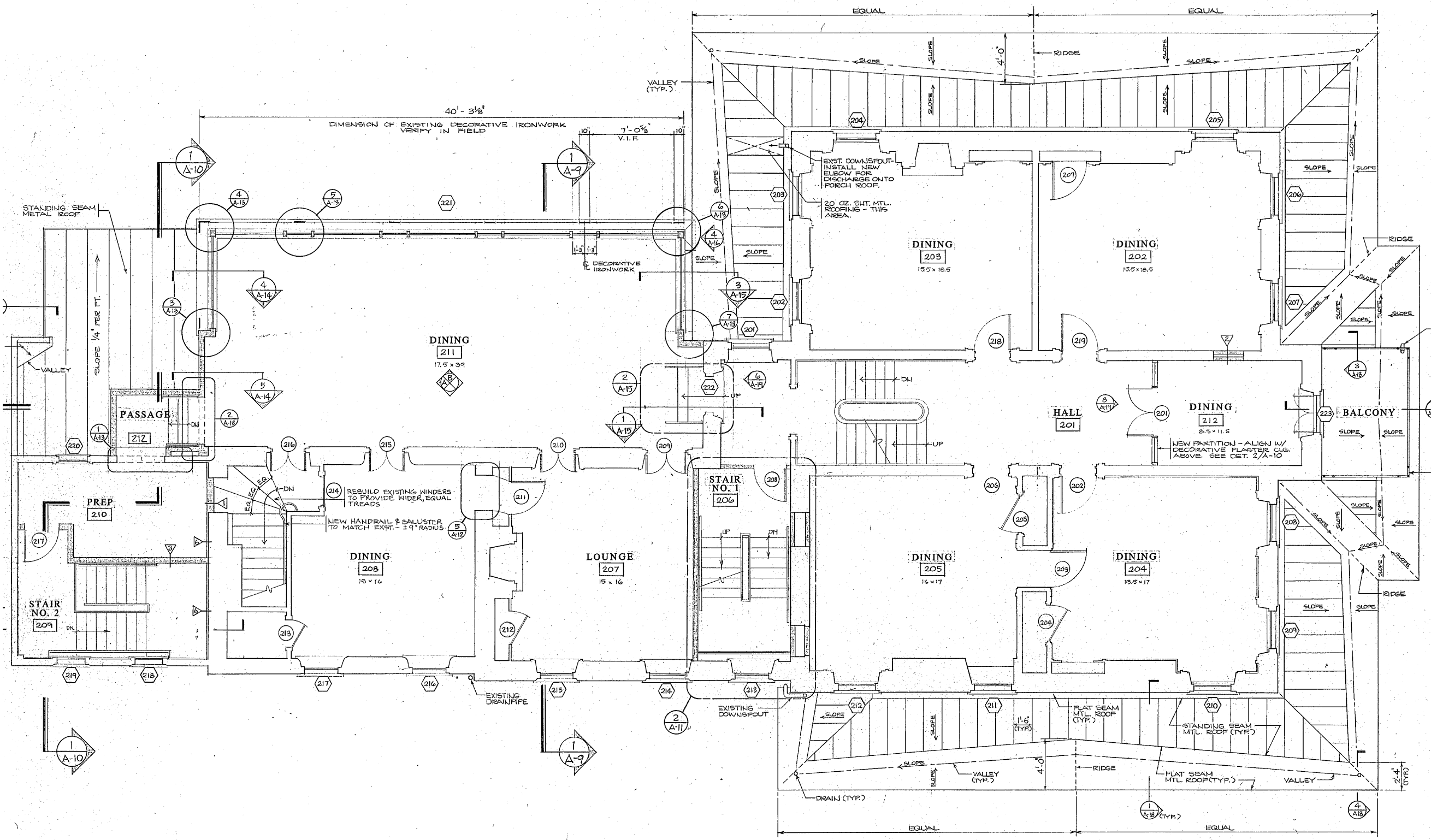 An architectural drawing showing the second floor layout of the Kennedy Supplee Mansion, including dining rooms and lounge area