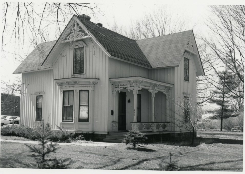 Black and white photo of the small cottage that served as a gatehouse for the Kalamazoo State Hospital.