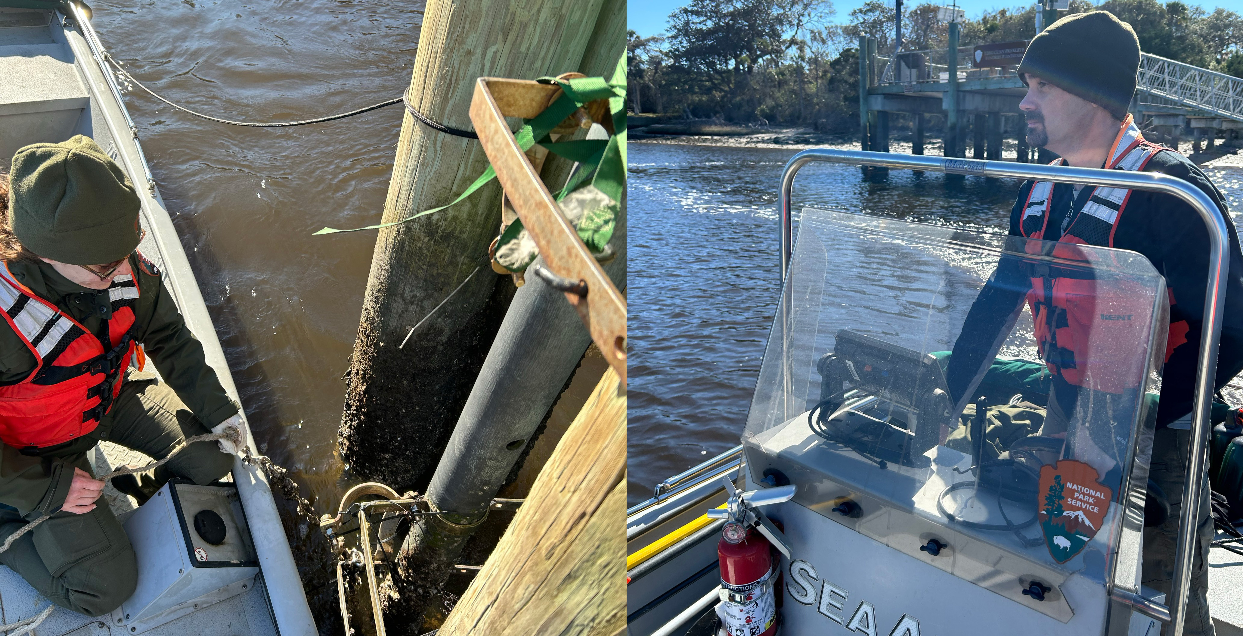 Woman working on housing pipe on a dock, man steers a boat
