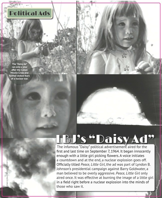 An exhibit panel showing black and white images of a television ad.