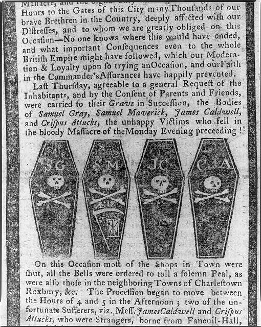 Print from a newspaper depicting coffins for the first four Massacre victims.