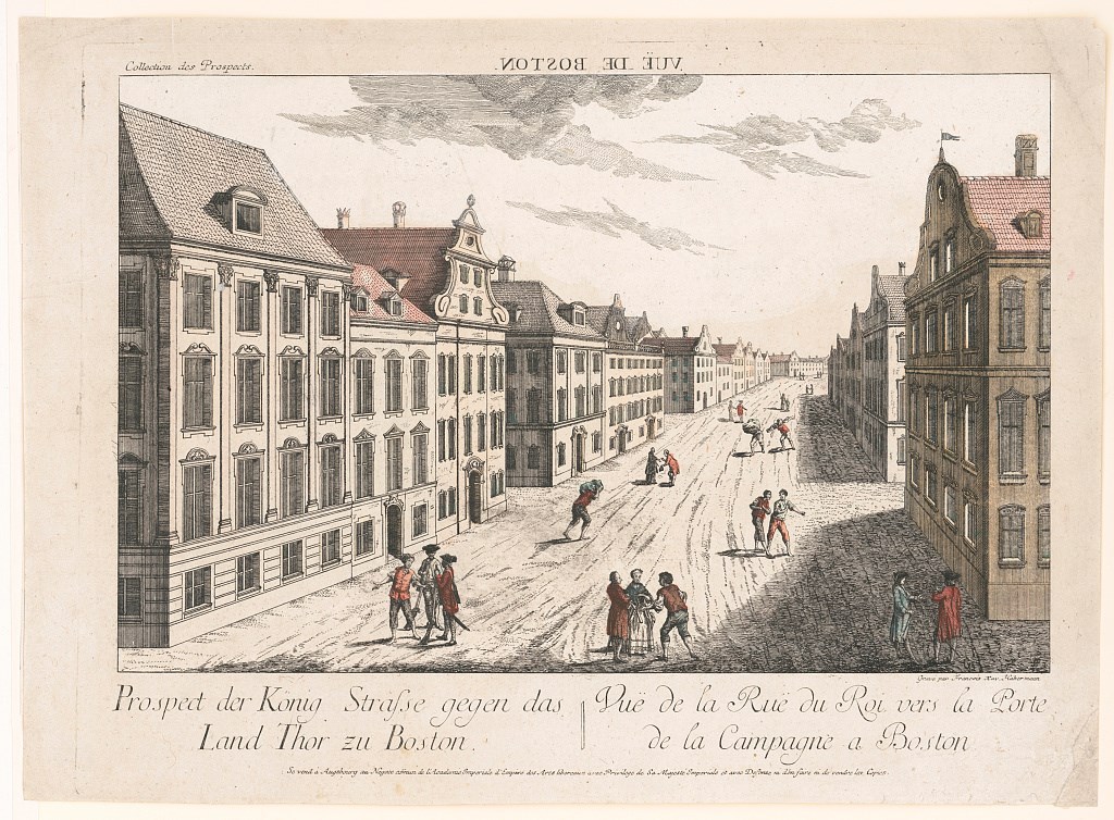 Engraving of a street during colonial times with people milling about.