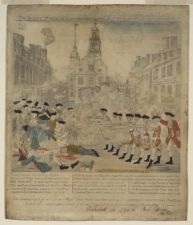 Print engraving depicting the Boston Massacre with British soldiers shooting upon a crowd.