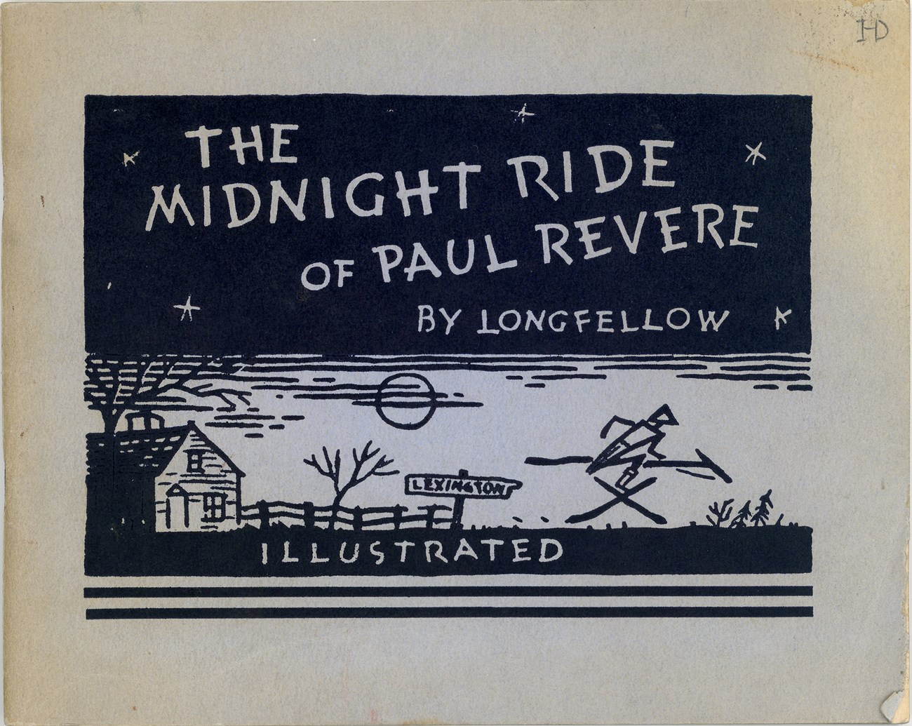 Booklet cover printed with stick-figure illustration of Paul Revere riding a horse to Lexington