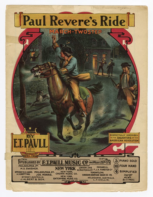Cover of sheet music featuring image of Paul Revere riding through town on a horse