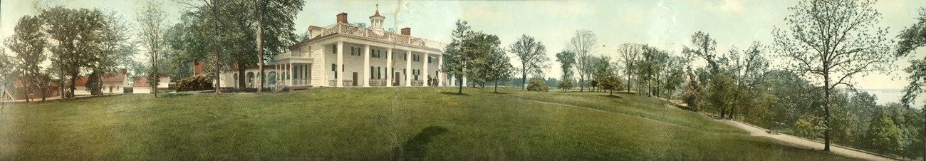 Panoramic photograph of mansion, Mount Vernon, on a hill
