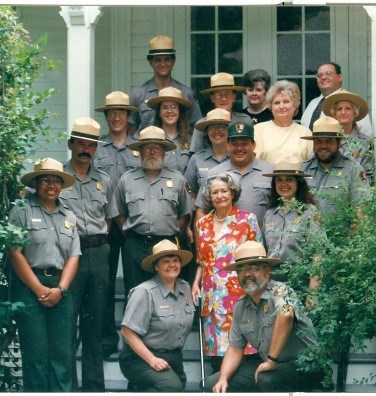 Lady Bird Johnson surrounded by park staff, 1997.