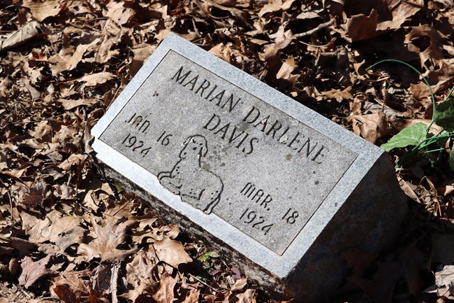 A gray tombstone featuring a lamb with text "Marian Darlene Davis, Jan. 16 1924, Mar. 18, 1924"