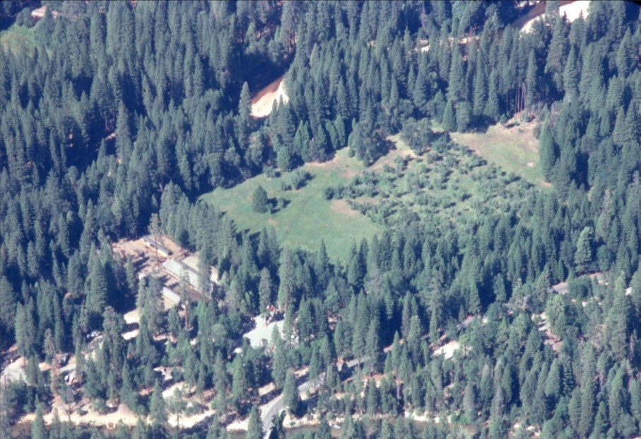 An aerial photograph showing a cleared area among tall trees next to a river.