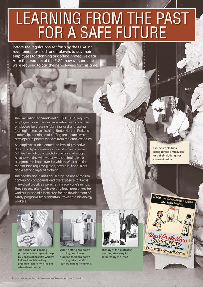 An exhibit panel showing text and men donning white protective suits.