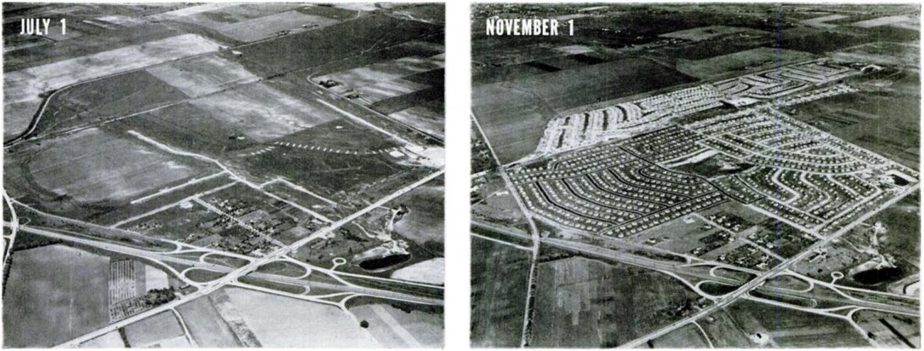 Two black and white aerial photos, side by side. On the left, mostly empty fields. On the right, the same fields full of single-family homes.