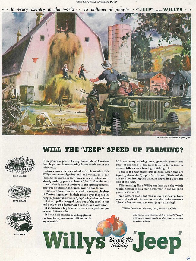 A full page color advertisement. A painted image shows a jeep in the foreground, while people load hay into a barn in the background. The question “Will the Jeep Speed Up Farming?” is answered in the positive through several printed examples.