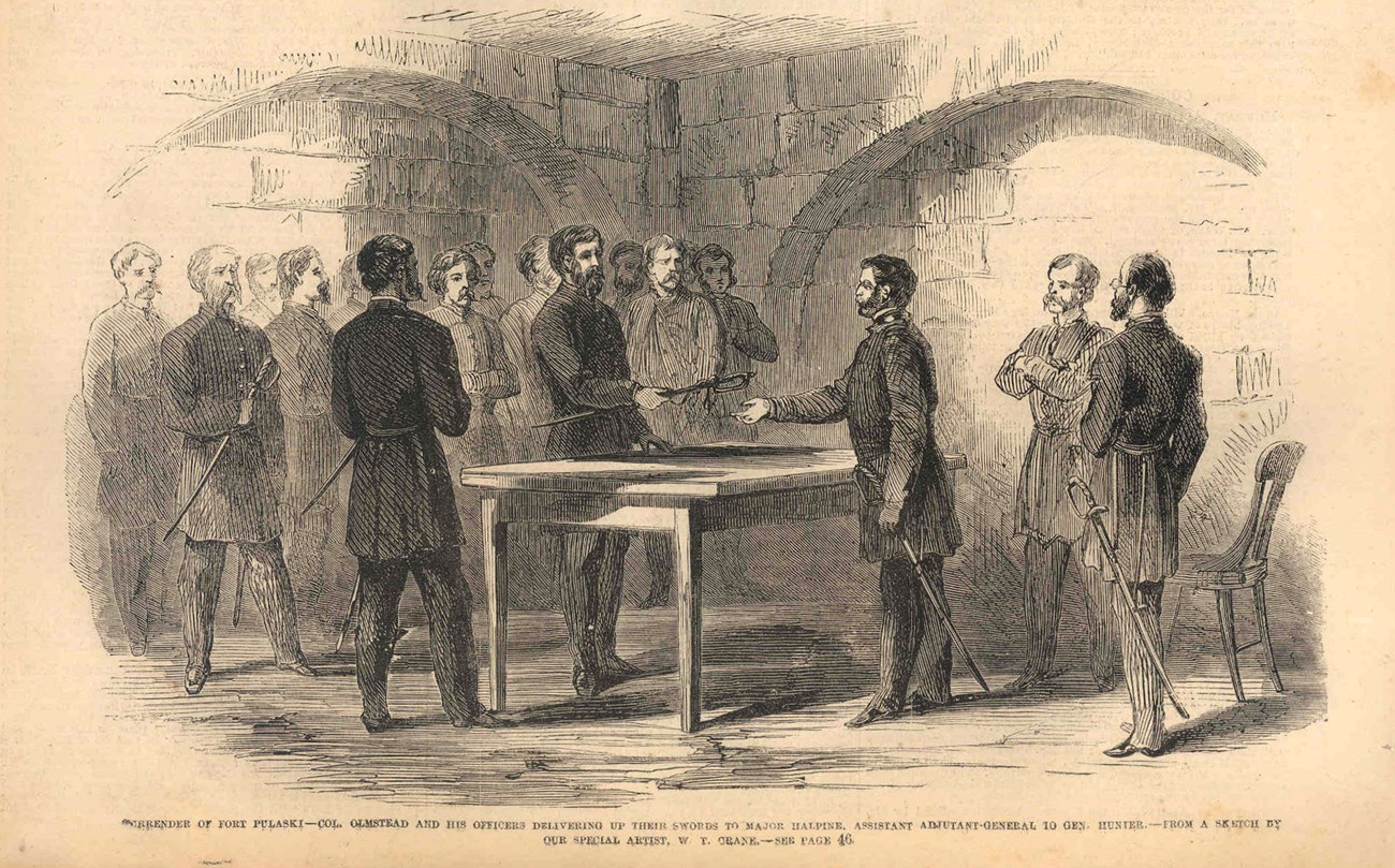 Drawing of a man handing a sword to another man over a table.