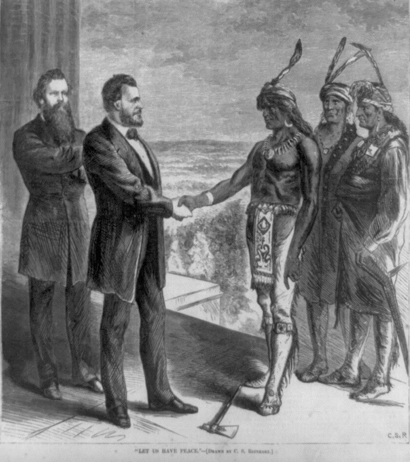 five men standing on the steps of the U.S. Capitol with two of the men shaking hands and the words "Let Us Have Peace" written below.