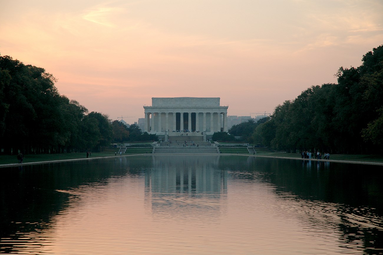 Lincoln Memorial and reflecting pool at sunset