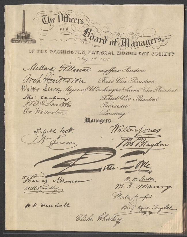 Lithograph, titled “The Officers and Board of Managers of the Washington National Monument Society,” containing the printed signatures of nineteen men who led the Society as of August 1, 1850