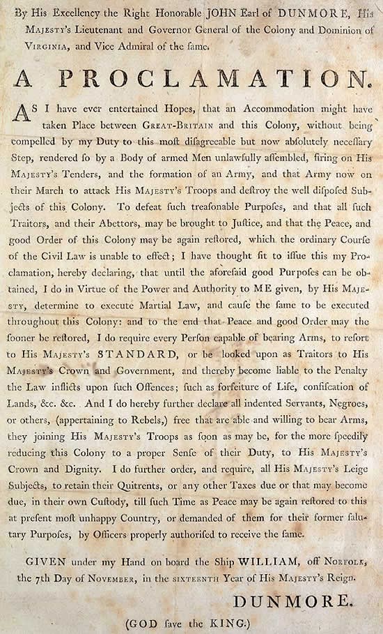 An image of an original copy of Lord Dunmore's Proclamation, November 7th, 1775