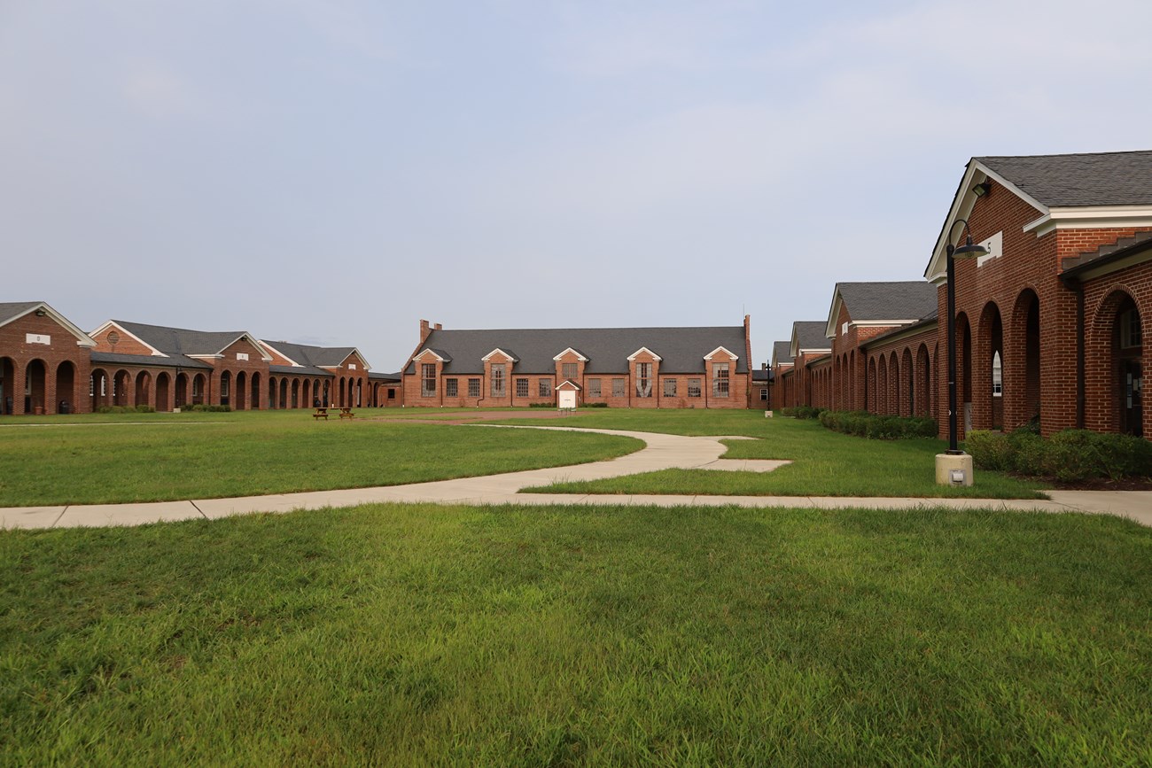 Open green space in brick penitentiary.