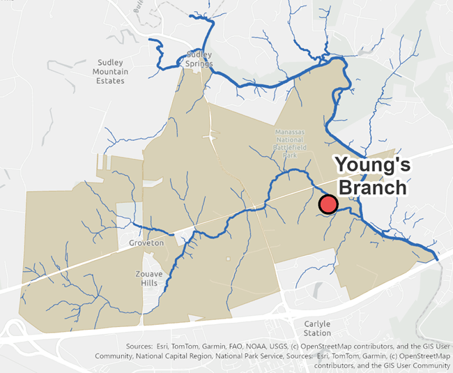 Map showing location of Young's Branch in Manassas National Battlefield Park.