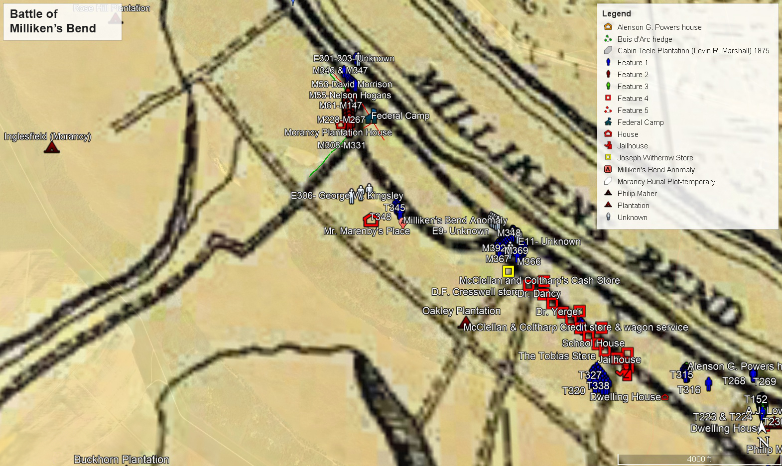 Map of the Milliken's Bend battlefield showing key features, locations and burial areas.