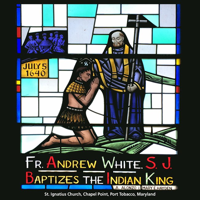 Father White Baptizes Indian King Stained Glass, St Ignatius Church Interior