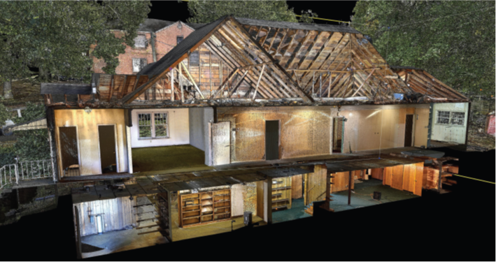 Color image of an assembled point cloud showing a section through the basement, main floor and attic of the house.