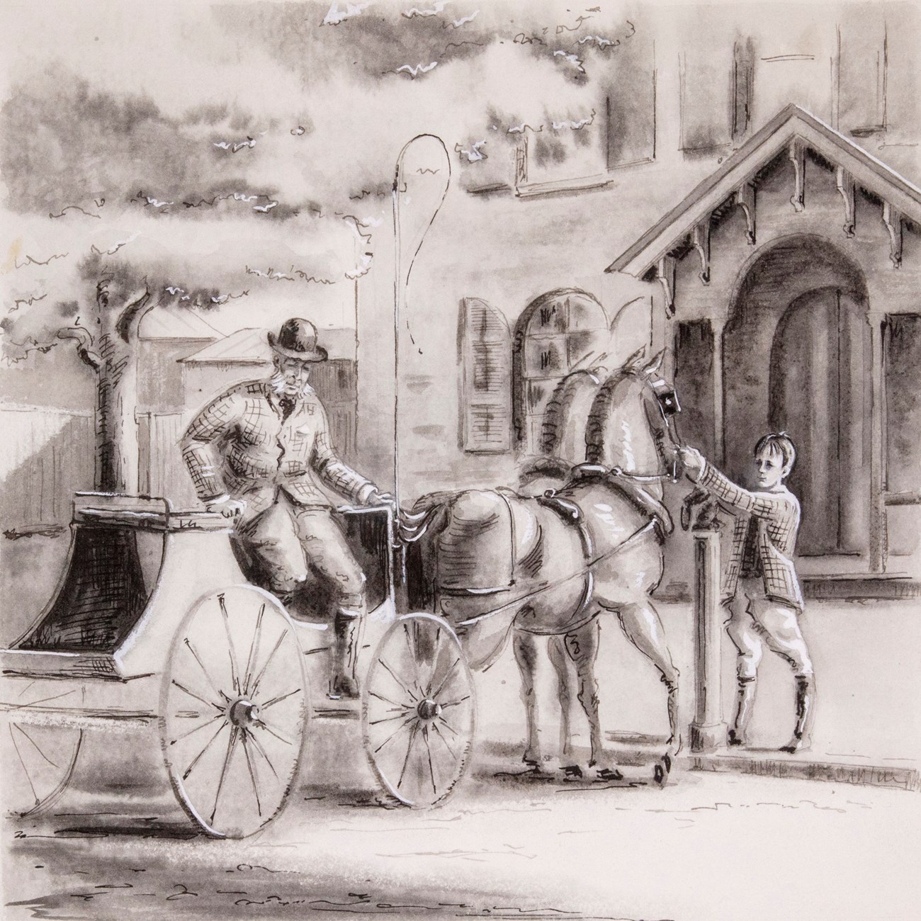 Artist's illustration of James exiting a carriage while young Franklin steadies the horses.