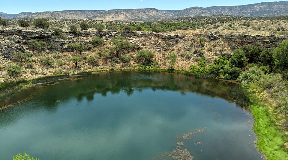 A large, round pool of water surrounded by steep slopes covered in desert plants, shrubs, and scattered trees along with some thick, green riparian vegetation and trees on one side.