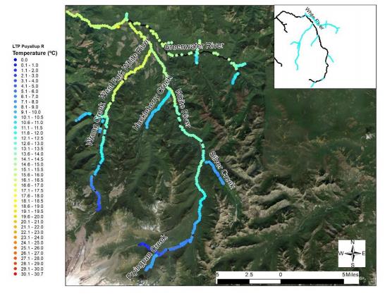 A map of the White River with the upper tributaries shaded blue fading to green-yellow moving downstream.