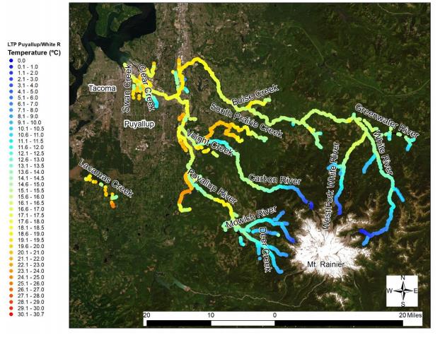 Map of Mount Rainier showing the streams on the north side of the mountain. The headwaters are shaded blue, fading to green-yellow downstream to indicate warmer temperatures further from the mountain.