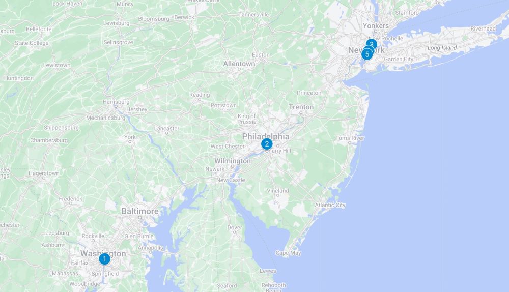 Map of Mid-Atlantic coast with numbered markers in DC, Philadelphia and New York City