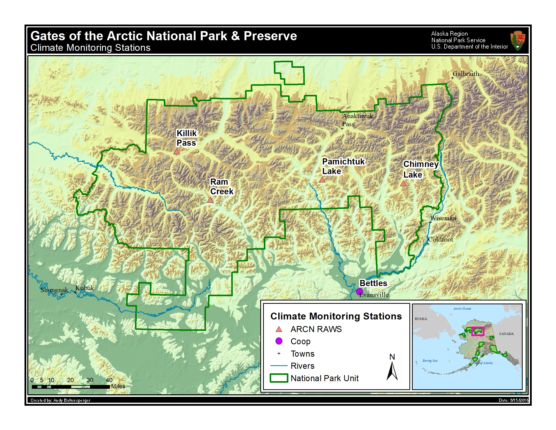 Map of four climate stations in Gates of the Arctic NPP. Killik Pass in the northwest corner, Ram Creek in west central area, Pamichtuk Lake and Chimney Lake in the eastern area.