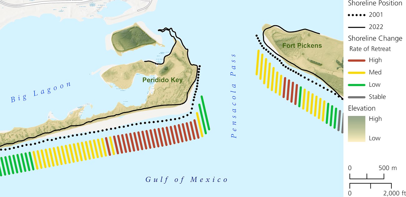 Map of shoreline change near Pensacola Pass