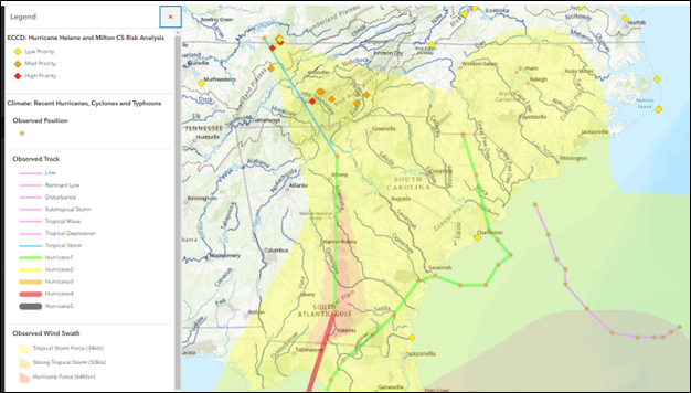 Map of the southeastern United States depicting predicted level of risk of hurricane impacts on contaminated sites in NPS units