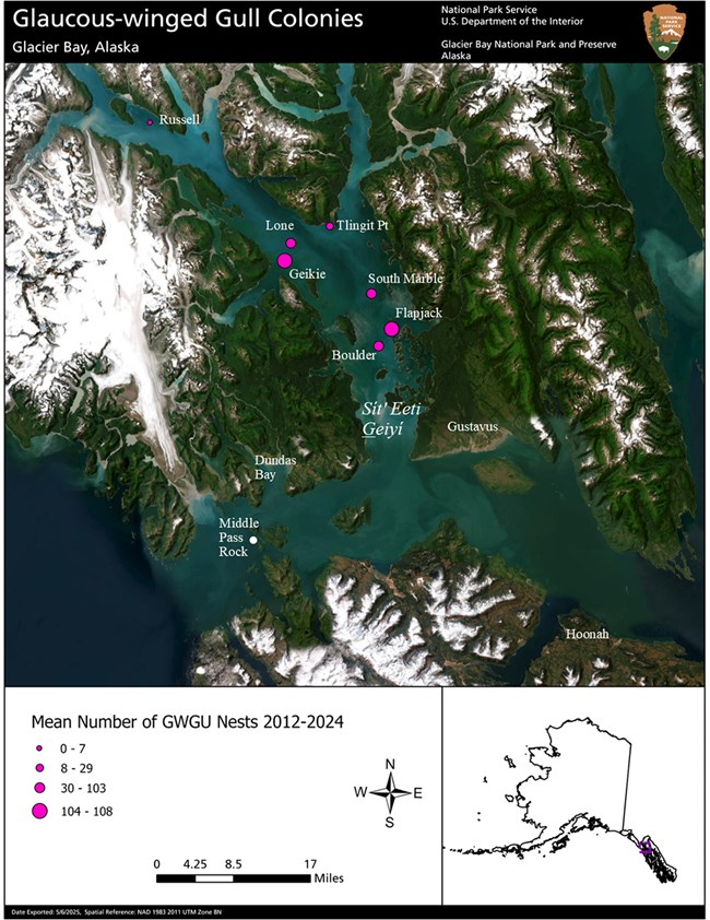A map showing the location of gull colonies.