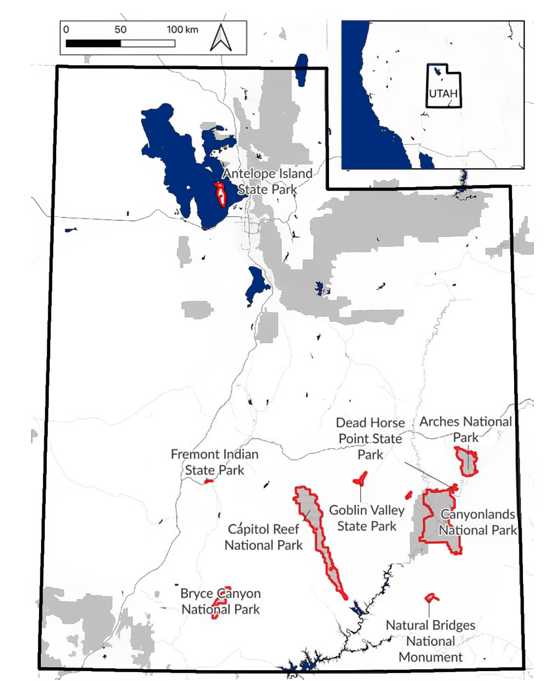 Map of Utah with nine parks outlined in red. Most are clustered in the southeast corner of the state, except for Antelope Island State Park in the north-central part. An inset shows Utah relative to the western U.S., right in the center.