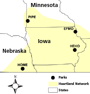A map showing Homestead NHP in southeast Nebraska, Pipestone NM in southwest Minnesota, and Herbert Hoover NHS in eastern central Iowa.