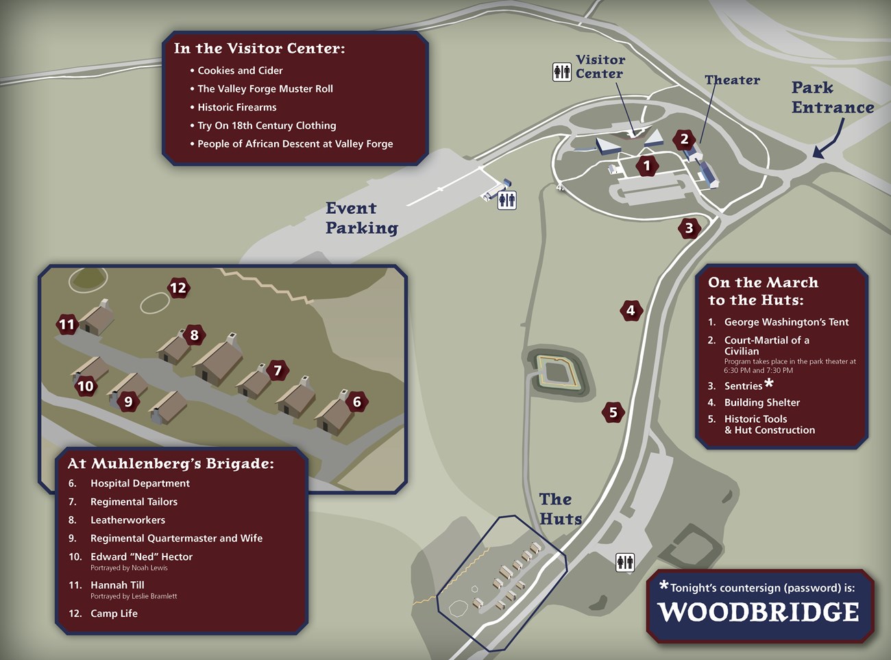 Map graphic showing roads and park entrance, event parking lot, the meeting room, theater, and Mini Grand Parade. Text boxes describe activities that correspond to numbers on the map.