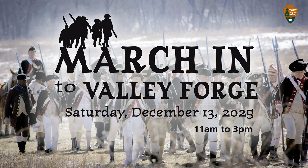 soldiers in revolutionary war uniforms march through a field