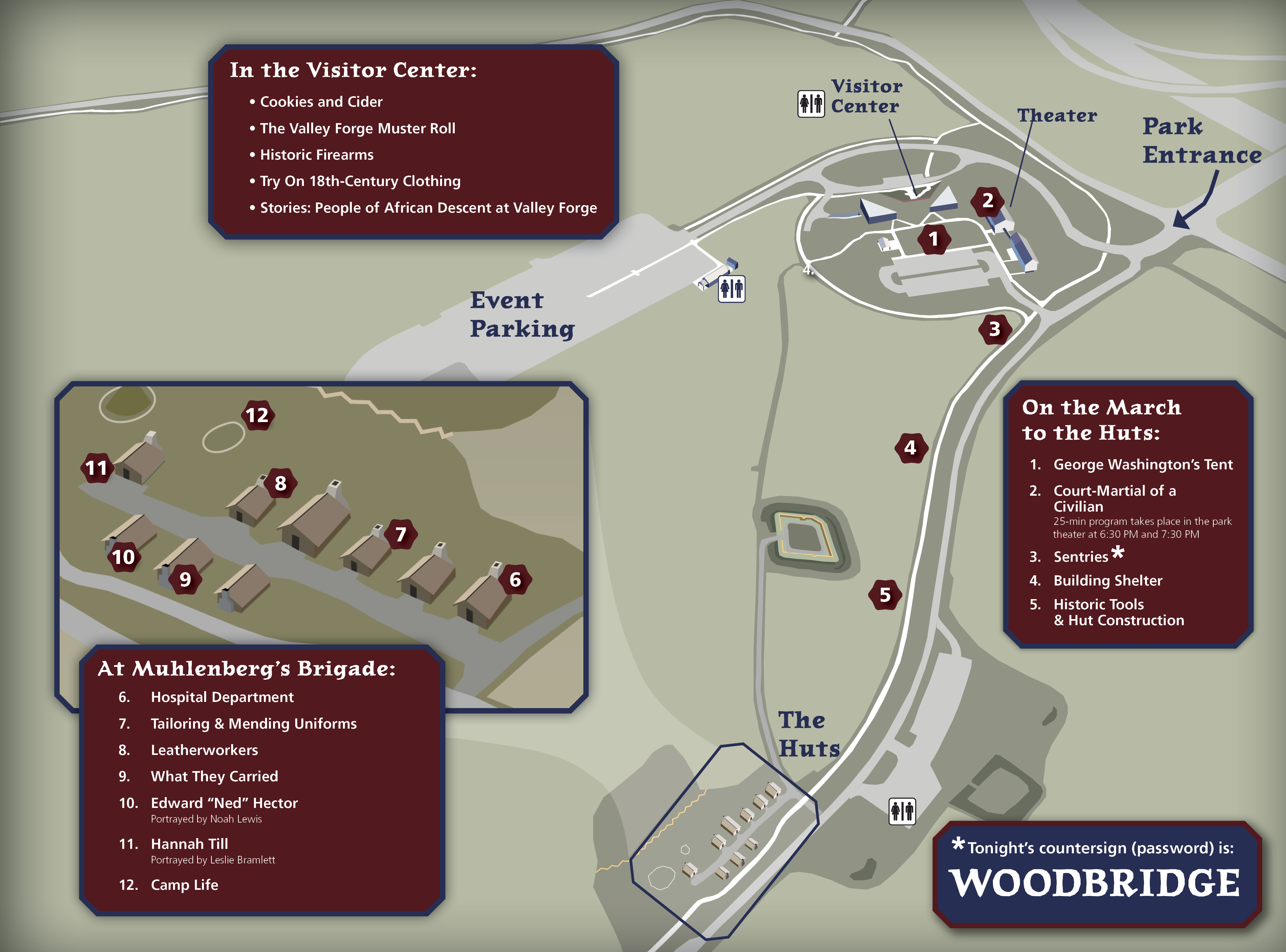 Map graphic showing roads and park entrance, event parking lot, the meeting room, theater, and Mini Grand Parade. Text boxes describe activities that correspond to numbers on the map.