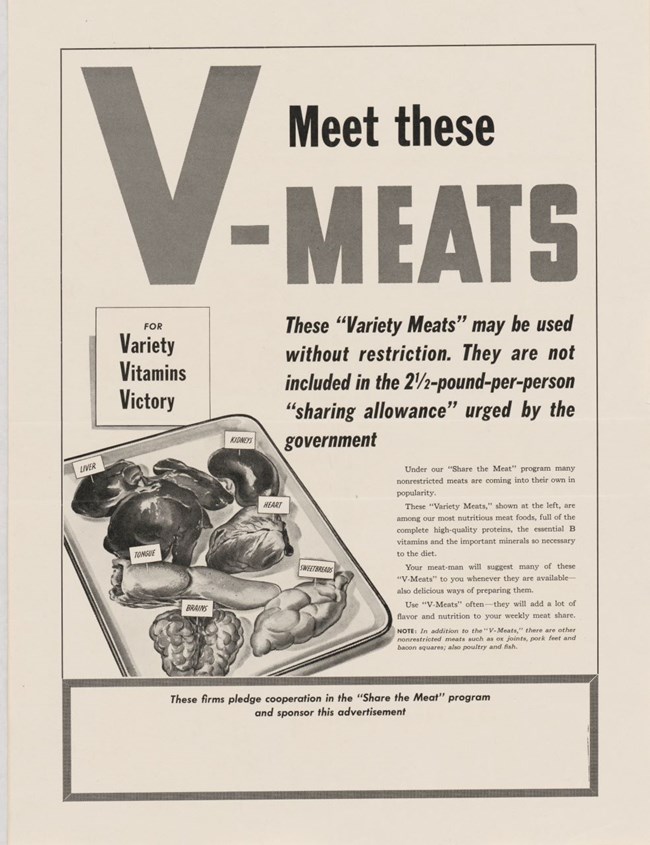Black and white ad template describing the nutritional value of organ meats. Image showing heart, kidneys, liver, tongue and other organ meats on a tray.